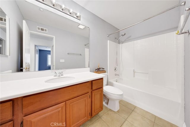 full bath featuring shower / bath combination, visible vents, tile patterned floors, vanity, and toilet