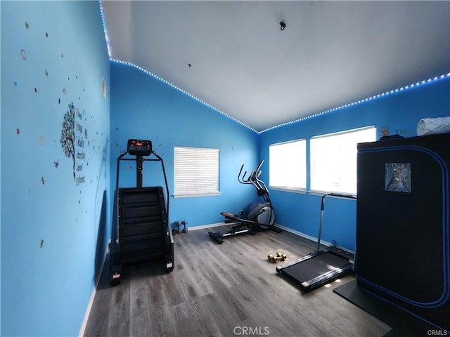 41184 Estates Ln, Palmdale, CA 93551 - exercise room featuring lofted ceiling and wood finished floors