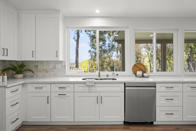 223 Cottingham Ct, Oceanside, CA 92054 - kitchen featuring stainless steel dishwasher, white cabinets, light countertops, recessed lighting, and plenty of natural light