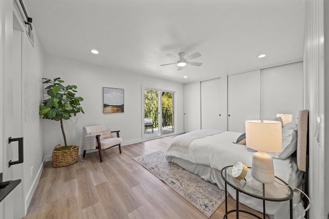 223 Cottingham Ct, Oceanside, CA 92054 - bedroom with access to outside, multiple closets, light wood-style floors, recessed lighting, and a ceiling fan