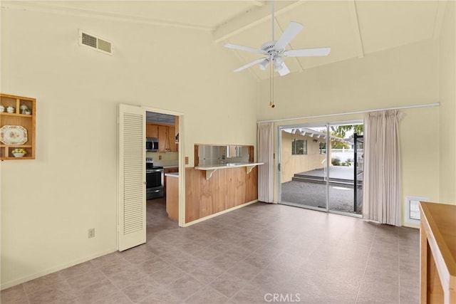 unfurnished living room featuring ceiling fan, high vaulted ceiling, baseboards, beamed ceiling, and visible vents