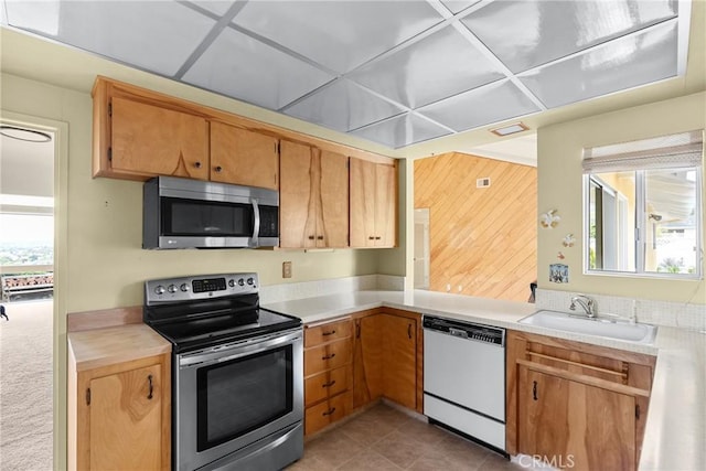 kitchen with light countertops, appliances with stainless steel finishes, a healthy amount of sunlight, and a sink