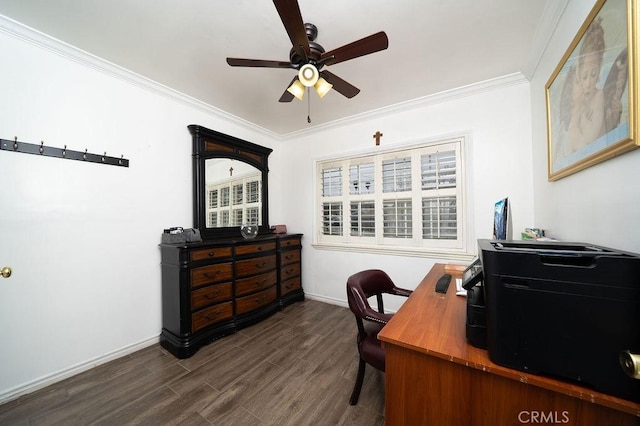 1125 W 129th St, Gardena, CA 90247 - office space with ceiling fan, ornamental molding, baseboards, and dark wood-type flooring