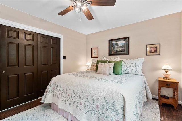 1131 Saint George Dr, San Dimas, CA 91773 - bedroom featuring a ceiling fan, baseboards, wood finished floors, and a closet