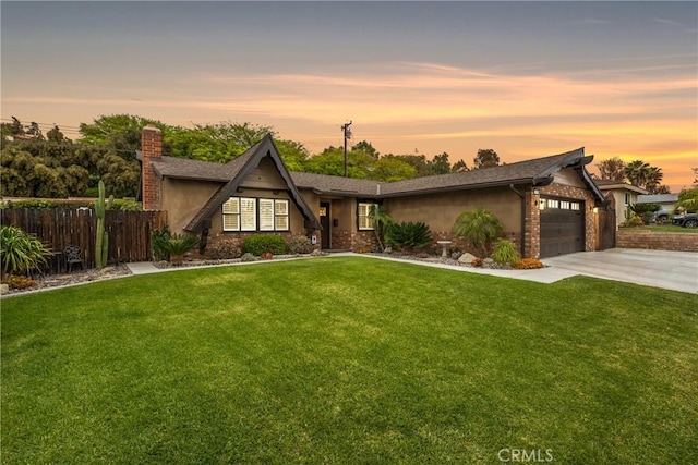 1131 Saint George Dr, San Dimas, CA 91773 - view of front of property featuring fence, a garage, a chimney, concrete driveway, and a yard