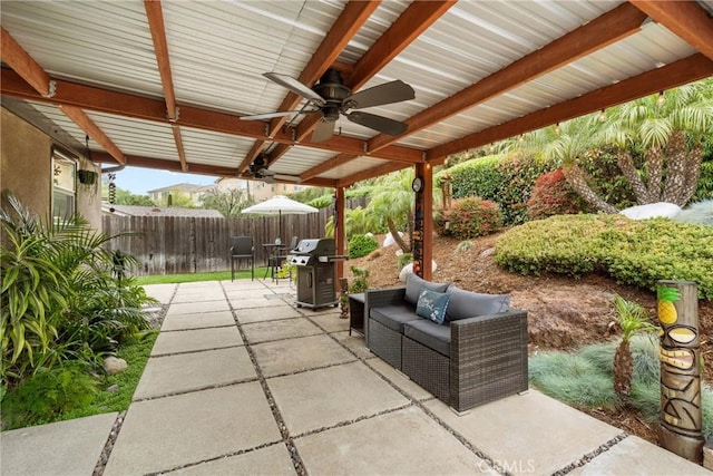 1131 Saint George Dr, San Dimas, CA 91773 - view of patio / terrace featuring a fenced backyard, a ceiling fan, a grill, and outdoor lounge area