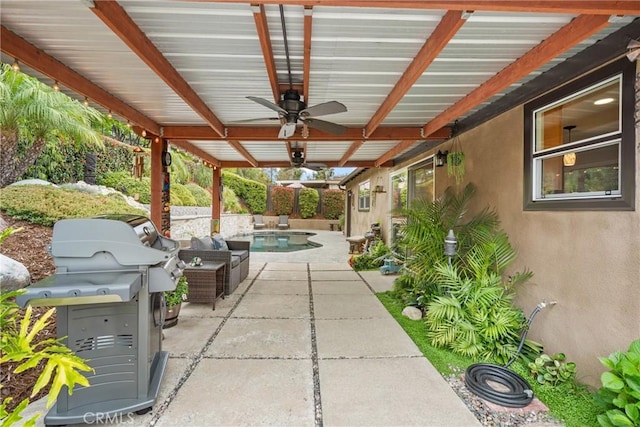 1131 Saint George Dr, San Dimas, CA 91773 - view of patio / terrace with a ceiling fan, an outdoor pool, and a grill