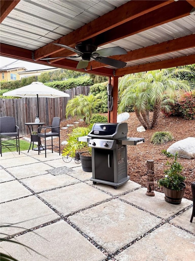 1131 Saint George Dr, San Dimas, CA 91773 - view of patio featuring fence, ceiling fan, and grilling area