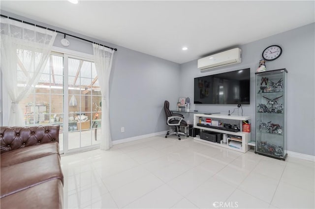 tiled living area with baseboards, recessed lighting, and a wall mounted AC