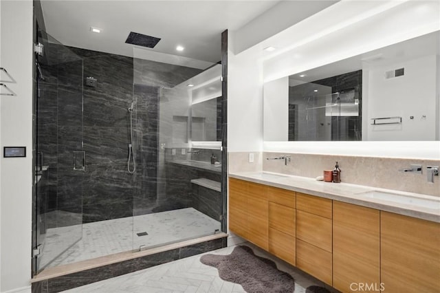 3 Bridgeport Rd, Newport Coast, CA 92657 - full bath with a sink, a stall shower, double vanity, and visible vents