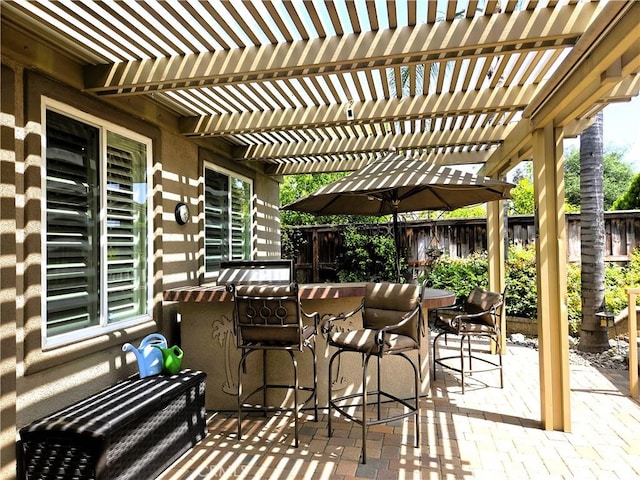 view of patio / terrace with a pergola, a fenced backyard, and outdoor dry bar