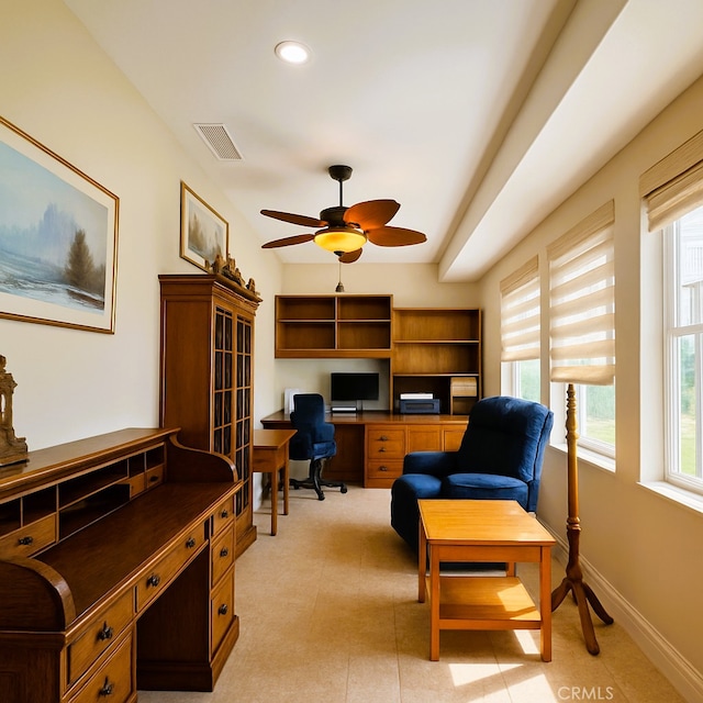 office with visible vents, baseboards, ceiling fan, recessed lighting, and built in desk