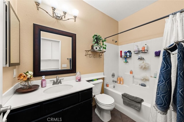bathroom featuring vanity, tile patterned floors, shower / bath combo with shower curtain, and toilet