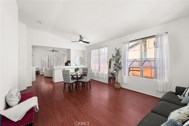 living area with a ceiling fan, wood finished floors, and vaulted ceiling