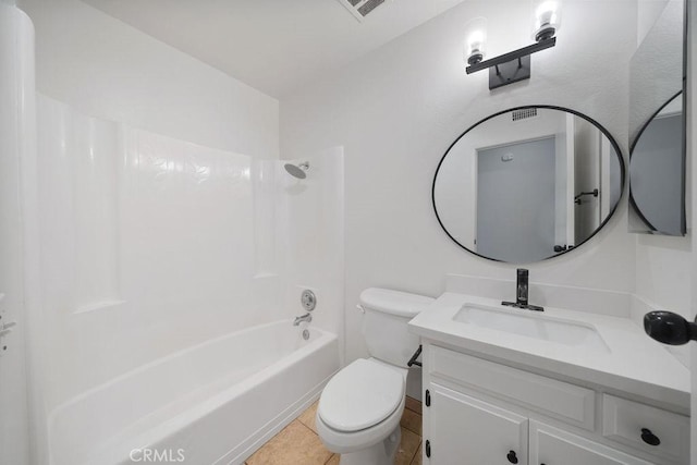 bathroom with tile patterned flooring, vanity, toilet, shower / bathing tub combination, and visible vents