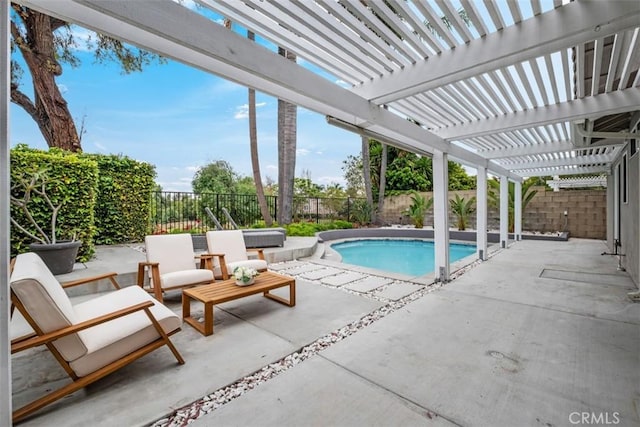 view of swimming pool featuring a fenced backyard, a pergola, and a patio area