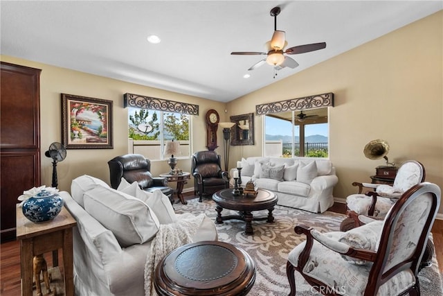 living room with ceiling fan, dark wood-style flooring, vaulted ceiling, baseboards, and recessed lighting