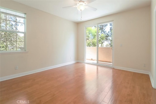 spare room with baseboards, ceiling fan, light wood-style flooring, and a wealth of natural light