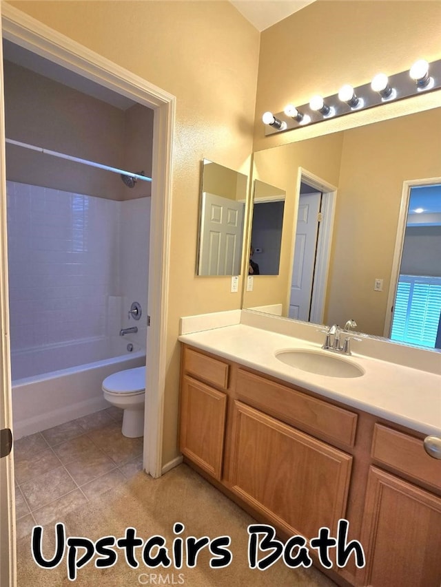 full bathroom with vanity, tile patterned floors, shower / bathtub combination, and toilet