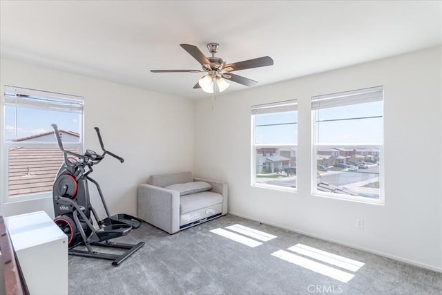 exercise area featuring plenty of natural light, a ceiling fan, and carpet floors