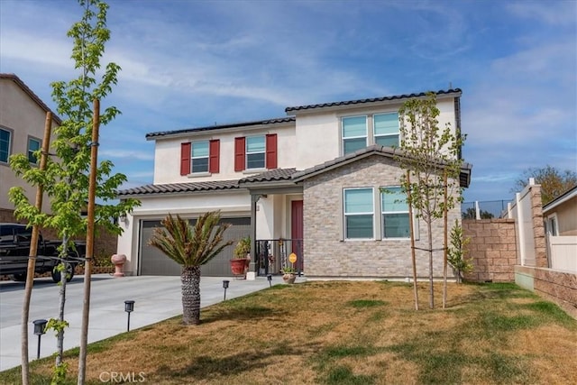 traditional-style home featuring fence, an attached garage, stucco siding, a tiled roof, and driveway