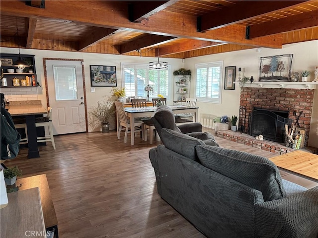 31347 Oakleaf Dr, Running Springs, CA 92382 - living area with a brick fireplace, wooden ceiling, beam ceiling, and wood finished floors