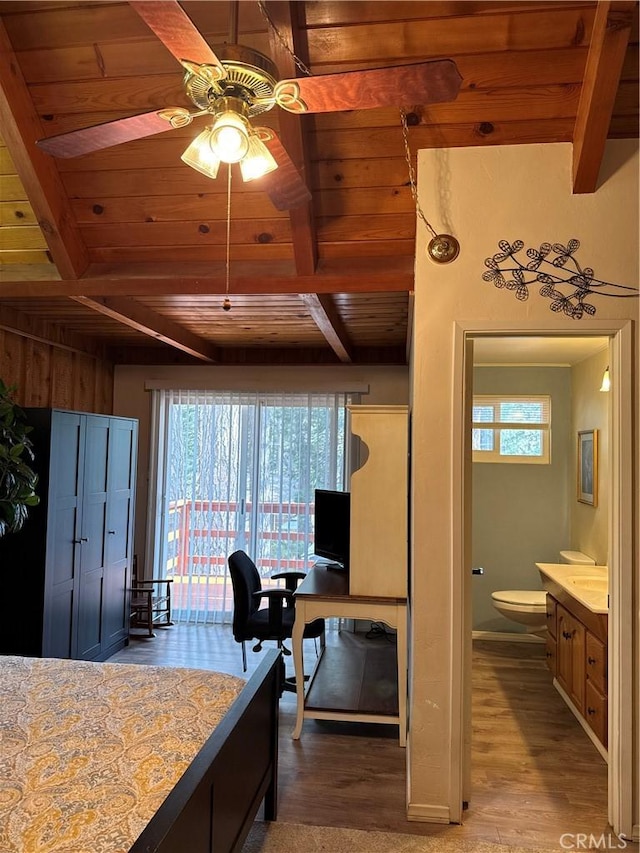 31347 Oakleaf Dr, Running Springs, CA 92382 - bedroom with beamed ceiling, wooden ceiling, wood finished floors, and multiple windows
