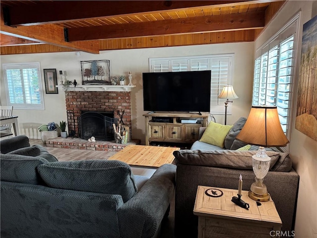31347 Oakleaf Dr, Running Springs, CA 92382 - living room with wood ceiling, beam ceiling, and a fireplace