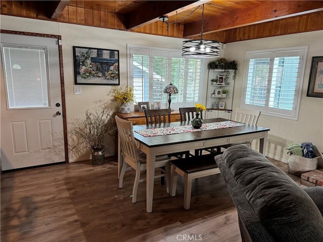 31347 Oakleaf Dr, Running Springs, CA 92382 - dining room with wood finished floors, beam ceiling, and a healthy amount of sunlight