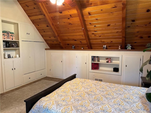 31347 Oakleaf Dr, Running Springs, CA 92382 - carpeted bedroom featuring wood ceiling, vaulted ceiling with beams, and visible vents