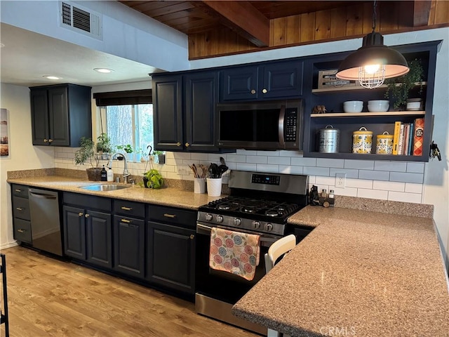 31347 Oakleaf Dr, Running Springs, CA 92382 - kitchen with a sink, decorative backsplash, stainless steel appliances, and visible vents
