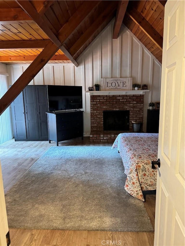 31347 Oakleaf Dr, Running Springs, CA 92382 - bedroom with vaulted ceiling with beams, wood finished floors, and wooden ceiling