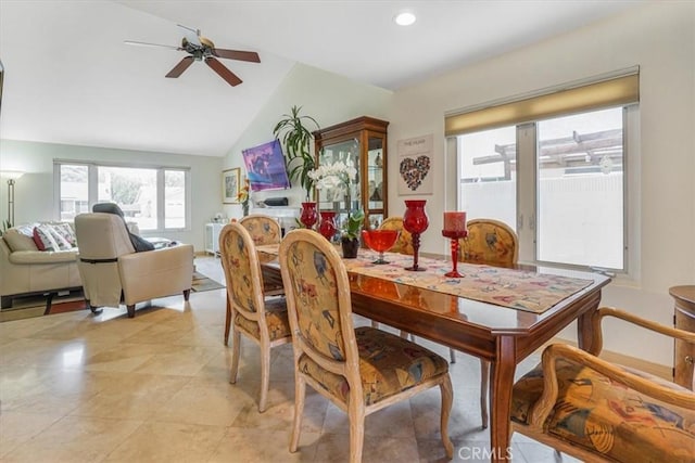 4433 E Justice Cir, Orange, CA 92869 - dining space with lofted ceiling, a ceiling fan, and recessed lighting