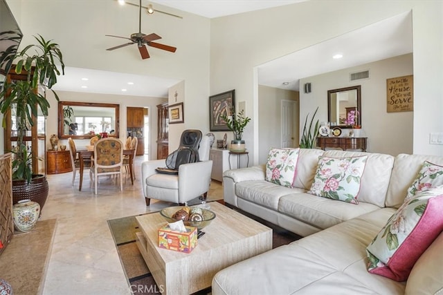 4433 E Justice Cir, Orange, CA 92869 - living area with a ceiling fan, visible vents, a towering ceiling, marble finish floor, and recessed lighting