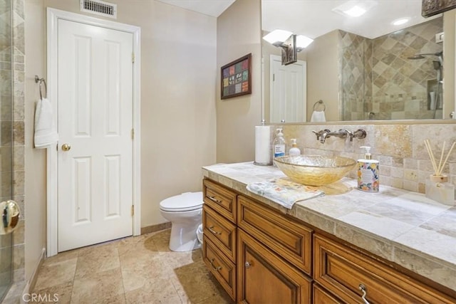4433 E Justice Cir, Orange, CA 92869 - full bathroom featuring vanity, decorative backsplash, visible vents, and a tile shower