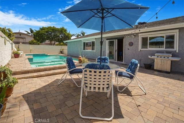 4433 E Justice Cir, Orange, CA 92869 - view of patio with a fenced backyard, area for grilling, a fenced in pool, and outdoor dining area