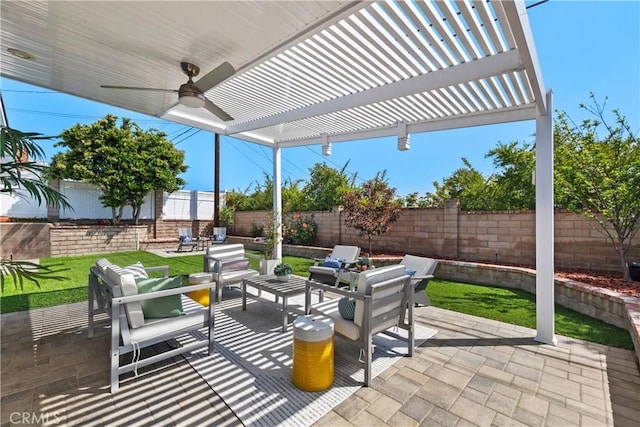 1614 Amelia Ave, San Pedro, CA 90731 - view of patio / terrace featuring a pergola, a fenced backyard, an outdoor hangout area, and a ceiling fan