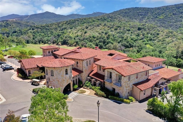 birds eye view of property with a mountain view and a view of trees