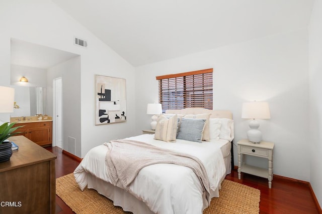 bedroom featuring baseboards, visible vents, vaulted ceiling, and dark wood-type flooring
