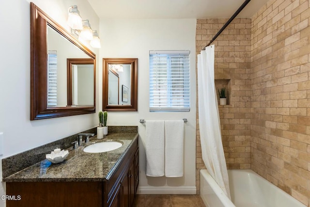 full bath featuring vanity, tile patterned flooring, and shower / bathtub combination with curtain
