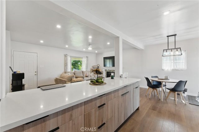 kitchen with light countertops, light brown cabinetry, modern cabinets, and wood-type flooring