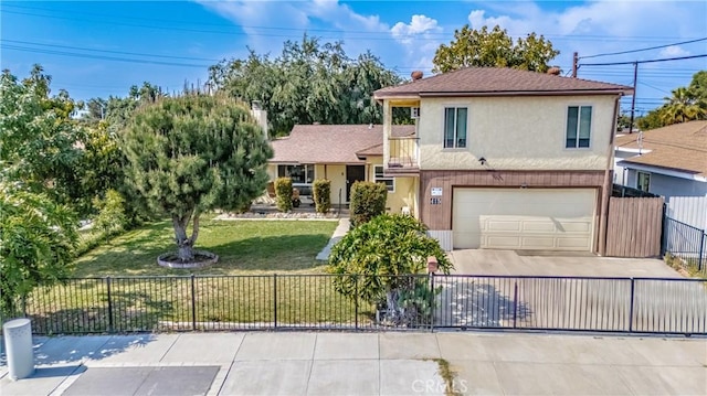 view of front of house featuring fence, a garage, stucco siding, a front yard, and concrete driveway