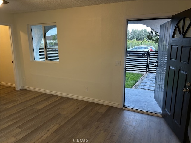foyer entrance with wood finished floors, plenty of natural light, and baseboards