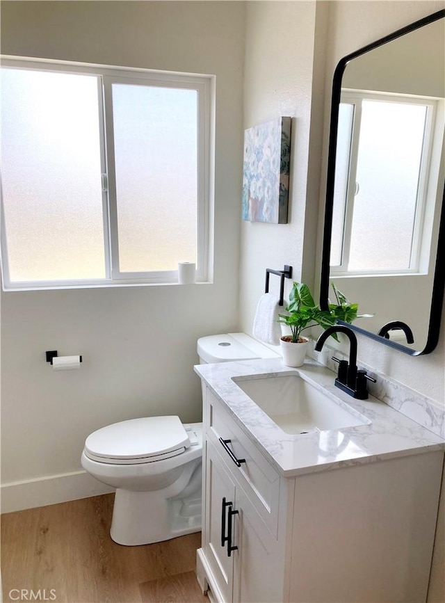 bathroom with toilet, wood finished floors, and a wealth of natural light