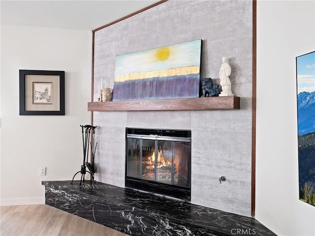 details with baseboards, a large fireplace, and wood finished floors