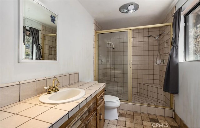 1411 Sequoia Dr, Lake Arrowhead, CA 92352 - bathroom featuring vanity, toilet, and a stall shower