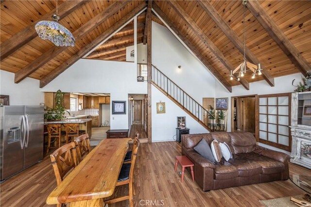 1411 Sequoia Dr, Lake Arrowhead, CA 92352 - living area featuring wood ceiling, wood finished floors, high vaulted ceiling, baseboards, and beamed ceiling