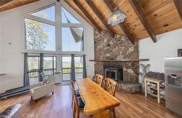 1411 Sequoia Dr, Lake Arrowhead, CA 92352 - dining room with beam ceiling, wood finished floors, a stone fireplace, high vaulted ceiling, and wood ceiling