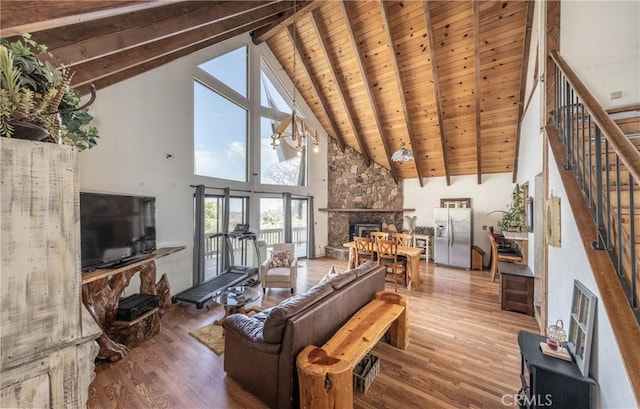 1411 Sequoia Dr, Lake Arrowhead, CA 92352 - living room featuring beam ceiling, high vaulted ceiling, a stone fireplace, wooden ceiling, and wood finished floors