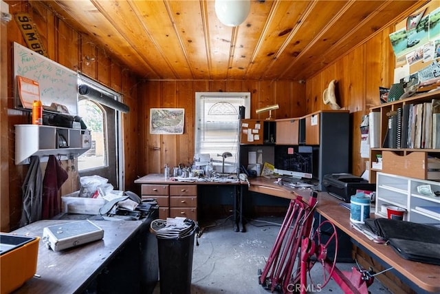 9235 Poplar St, Atascadero, CA 93422 - office space with unfinished concrete floors, wooden ceiling, and wooden walls